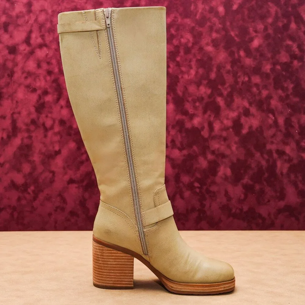 Korks Wmn Karelyn Distress Cream Wide Calf Faux Leather Block Heel Boots 6.5 - Picture 4 of 8